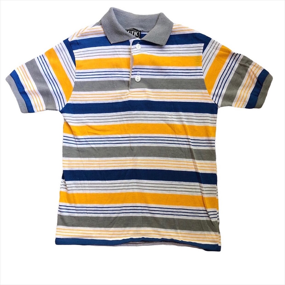 Vintage Boys 6 8 Polo Striped Short Sleeve Blue Yellow Gray Top Shirt